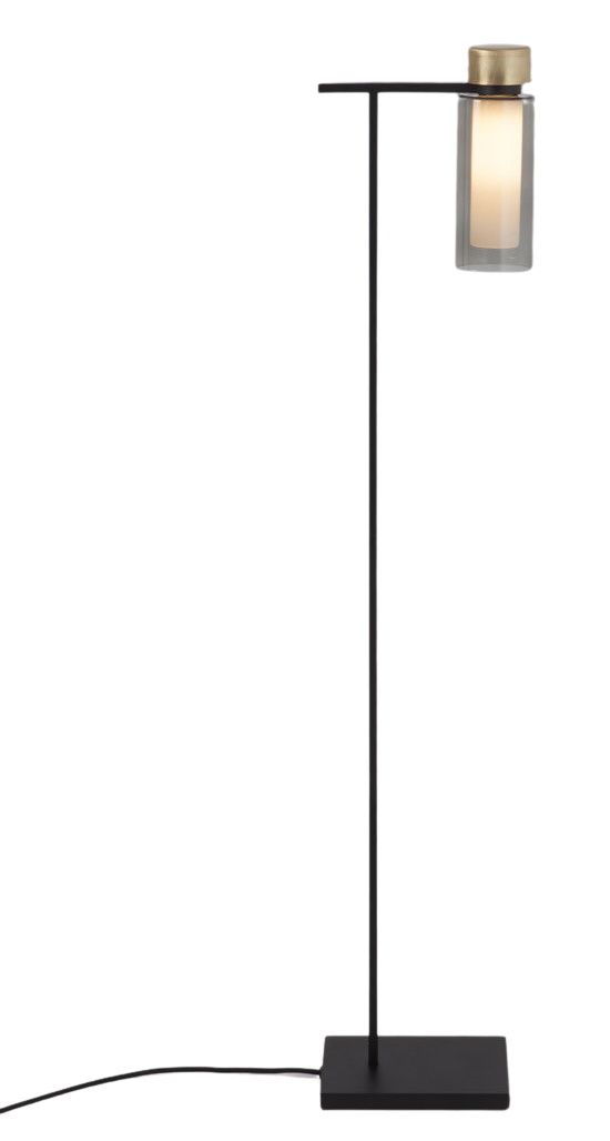 Osman Stehleuchte von Tooy: Moderne, schwarze Stehlampe mit zylindrischem Lampenschirm aus Glas und Messing.